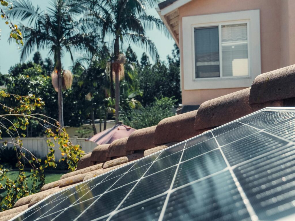 Close-up of solar panels on a rooftop with palm trees and a house in the background.